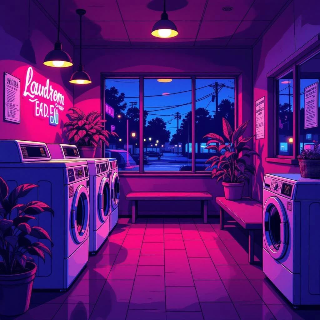 A cozy laundromat at dusk, neon humming, flat colors, bold inked lines.