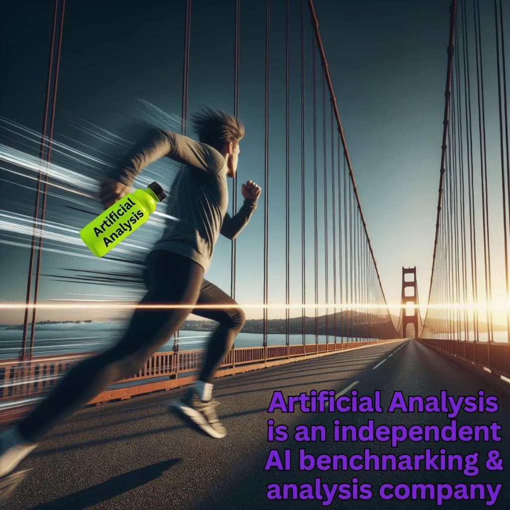 A runner dashes across the Golden Gate Bridge at dawn, sunlight streaming between cables. In their hand, they carry a neon-green sports drink with the brand name Artificial Analysis splashed boldly across the bottle. Motion blur emphasizes speed, while crisp purple sans serif typography overlays the bottom right of the scene with the tagline: Artificial Analysis is an independent AI benchmarking & analysis company