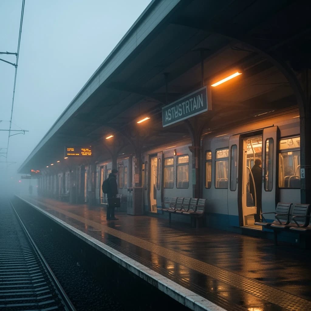 A commuter train enters a foggy little station.