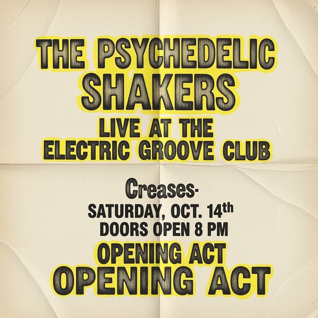 Make a 1960s concert poster featuring bold wood type, misaligned ink, creases.