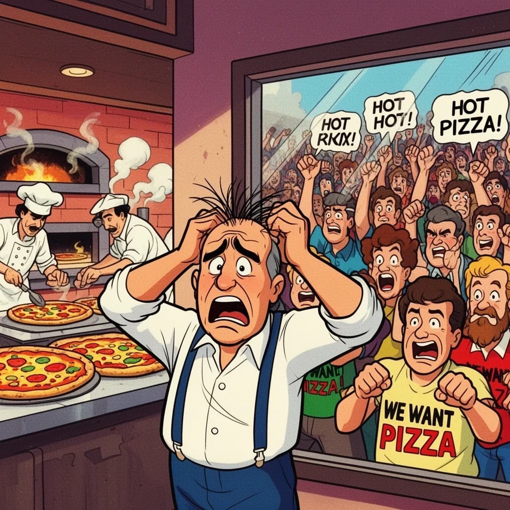 Pasquale is pulling his few remaining hairs out over a disaster at the pizzeria - the cooks are working as fast as they can but the crowds outside are swelling and they demand hot hot pizza! They are banging on the glass and some are wearing "we want pizza" shirts. 1980s western TV animation style.