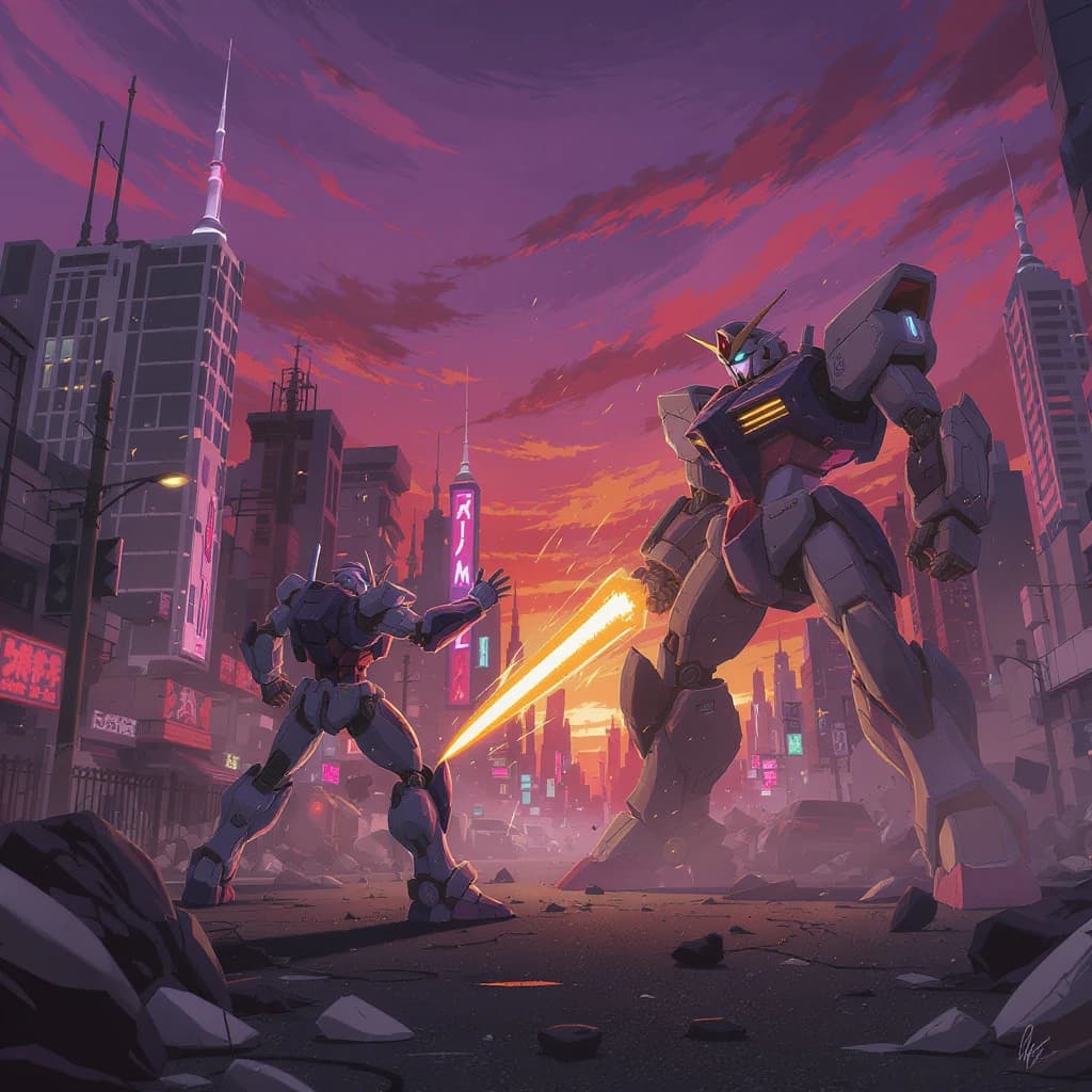 Make a cel-shaded mecha duel at dusk downtown.