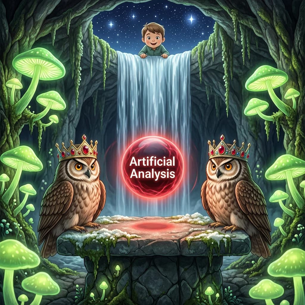 In a cavern lined with bioluminescent fungi glowing lime green, the council of owls wear jeweled crowns that glimmer with rubies, their wings folded behind their backs. Dust coats the stone table, a glowing orb inscribed with “Artificial Analysis” hovers above the table illuminating the owls with its red pulsating light. Behind them, a waterfall falls upward into a ceiling that opens onto stars - a child looks down in wonder from above at what he has stumbled across.