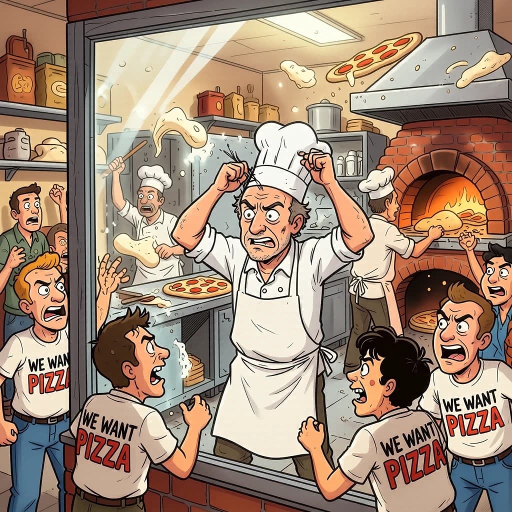 Pasquale is pulling his few remaining hairs out over a disaster at the pizzeria - the cooks are working as fast as they can but the crowds outside are swelling and they demand hot hot pizza! They are banging on the glass and some are wearing "we want pizza" shirts. 1980s western TV animation style.