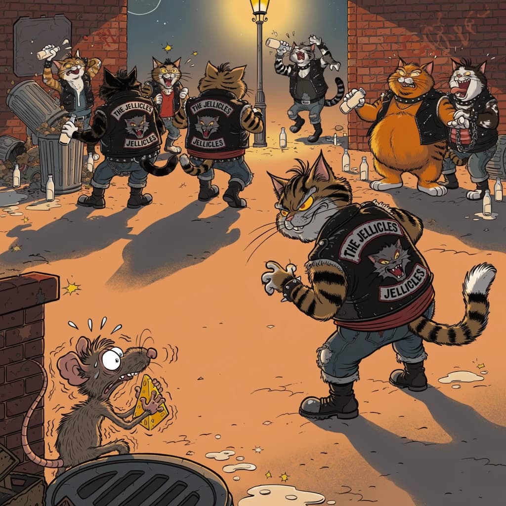The cartoon rat clenches his thin wedge of cheese and trembles in fear as he hides from the menacing Jellicles, the roaming cat motorcycle gang, all wearing their colors with the name on the back. The cats have all drunk far too much milk and are causing a big ruckus! One cat is close to finding the rat