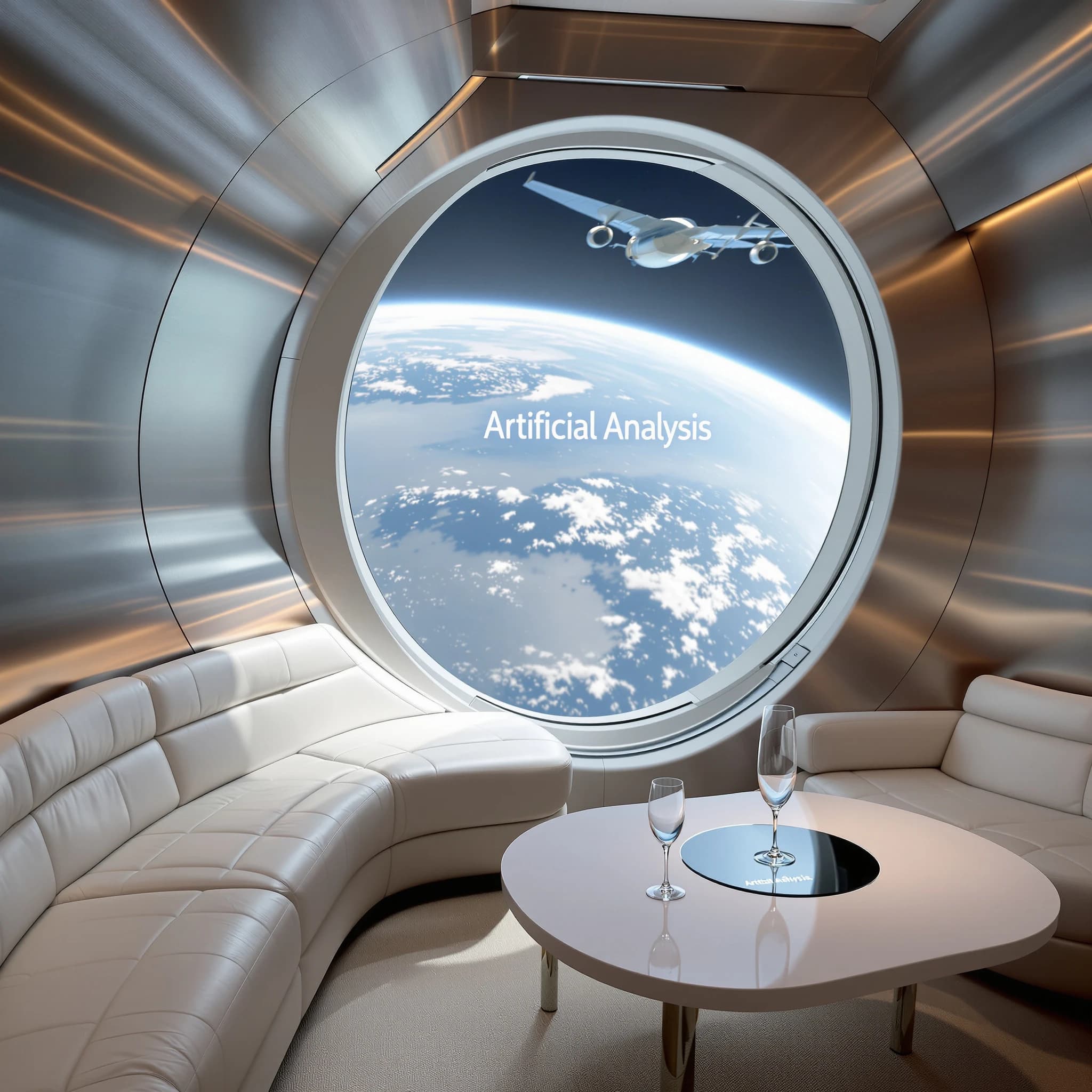 The orbital lounge has brushed aluminum walls and pale leather banquettes. Low white tables are inset with glowing touchscreens. Drinks are clear, flavorless, in tall unmarked glasses. The viewport is floor-to-ceiling, showing Earth moving slowly beneath. The word Artificial Analysis is etched discreetly on the glass in a frosted band.
