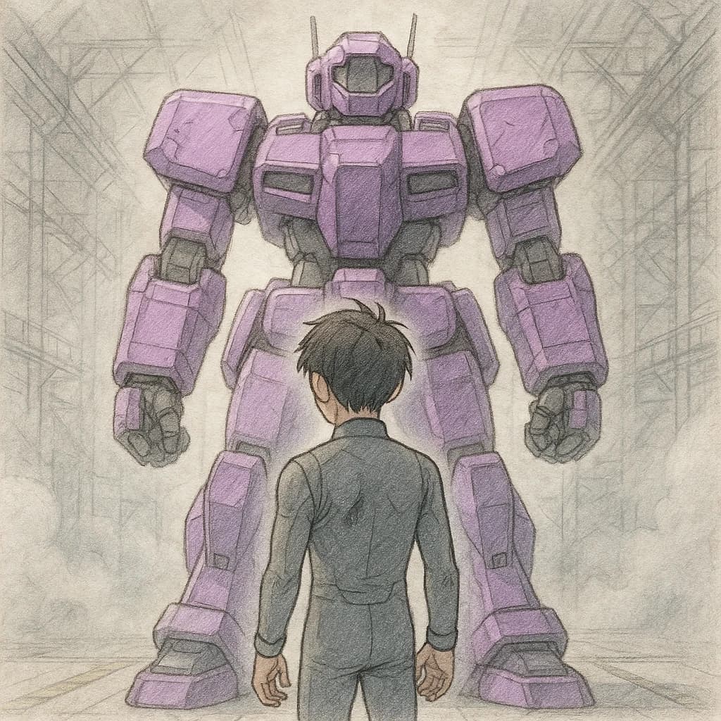 Clad in his body suit up to the neck, young Masa nervously approaches the towering mech with his back facing us. He is nervous for his first time in the field. The mech's bright purple colour scheme contrasts with the grey body suit. The scale of the mech dwarfs Masa. Hand drawn style
