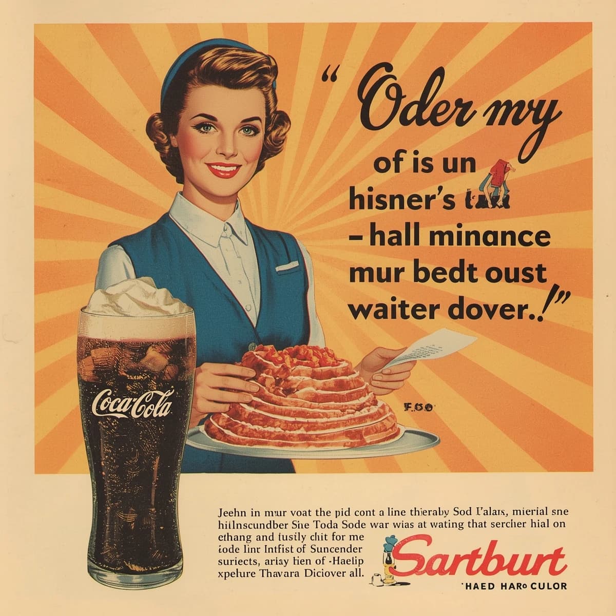 Mid-century soda ad, smiling waitress, halftone sunburst, a bit of faded paper.