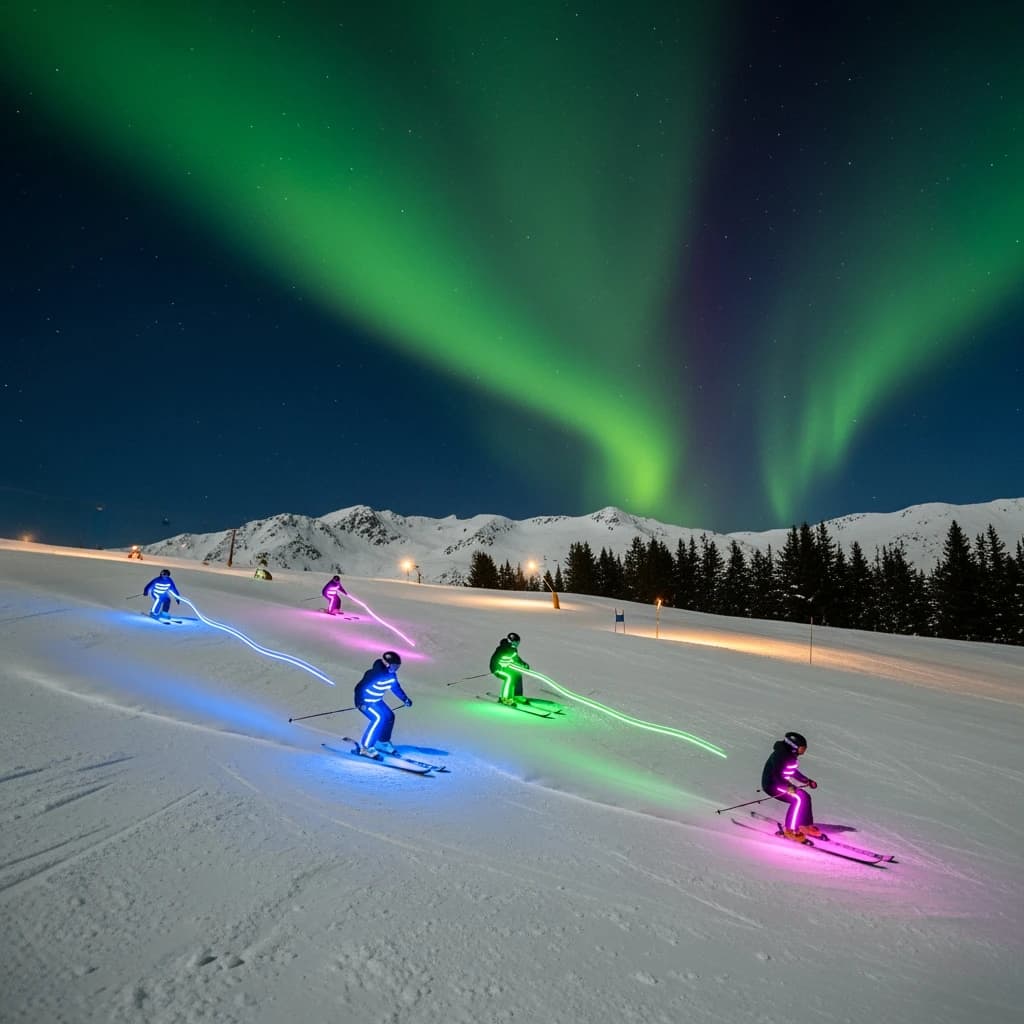 Coronet Peak Night Skiing: Skiers in colorful LED suits carve their way down the slopes of New Zealand's Coronet Peak under the Aurora Borealis, the skiers' light trails visible behind them