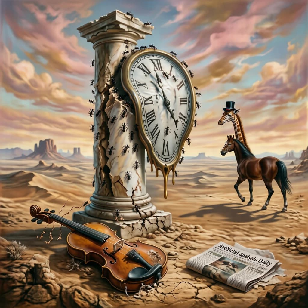 A vast desert plain stretches endlessly under a sky streaked with pale pink and ochre clouds. In the center stands a colossal clock, its face drooping and melting over the edge of a broken marble column. Ants swarm across its warped surface, glinting in the harsh sunlight. To the right, a horse with a giraffe like neck wearing a top hat strides toward the horizon, its shadow stretching miles across the sand. A cracked violin lies half-buried in the foreground, strings snapping outward like veins. Painted in the dreamlike surrealist style. A newspaper named the "Artificial Analysis Daily" lies on the Floor.