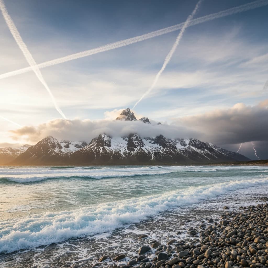 A stunning mountain vista pokes through the cloud top. Contrails from a distant airplane linger in the air. In the foreground there is a stony beach with foamy seas. A thunder storm is visibile in the distant right.
