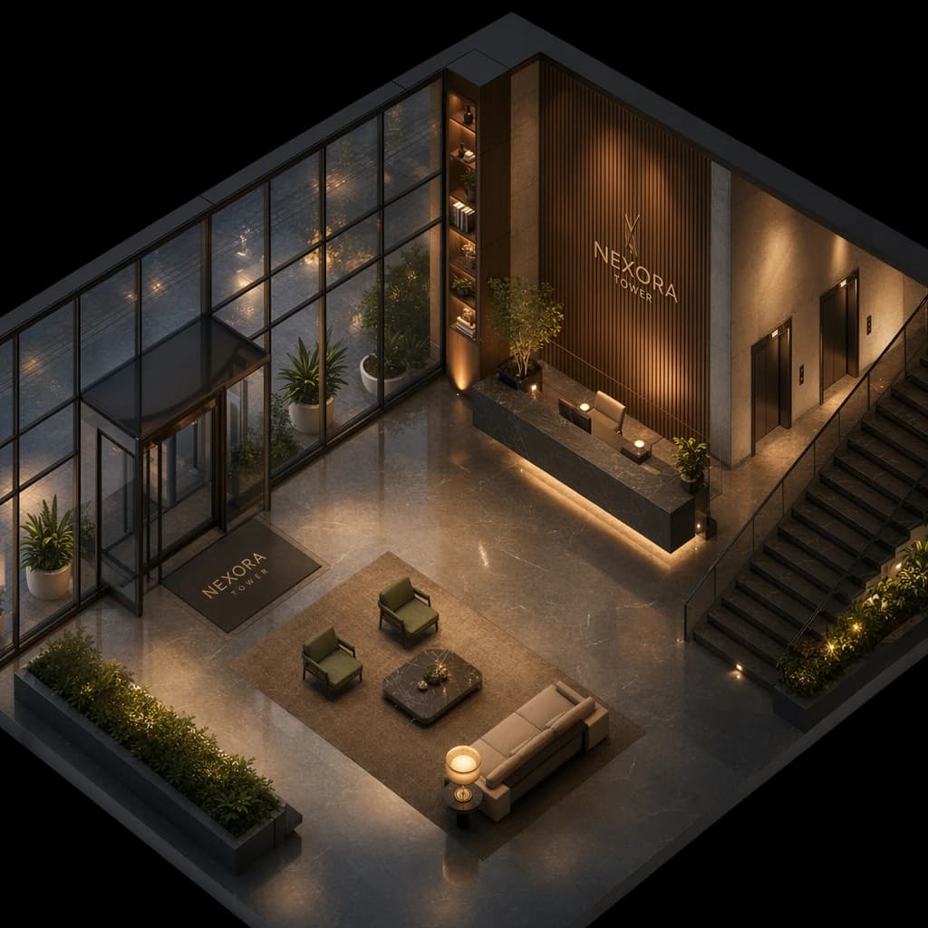 Isometric 3D lobby, glass walls, warm lights, slightly moody, soft shadows.