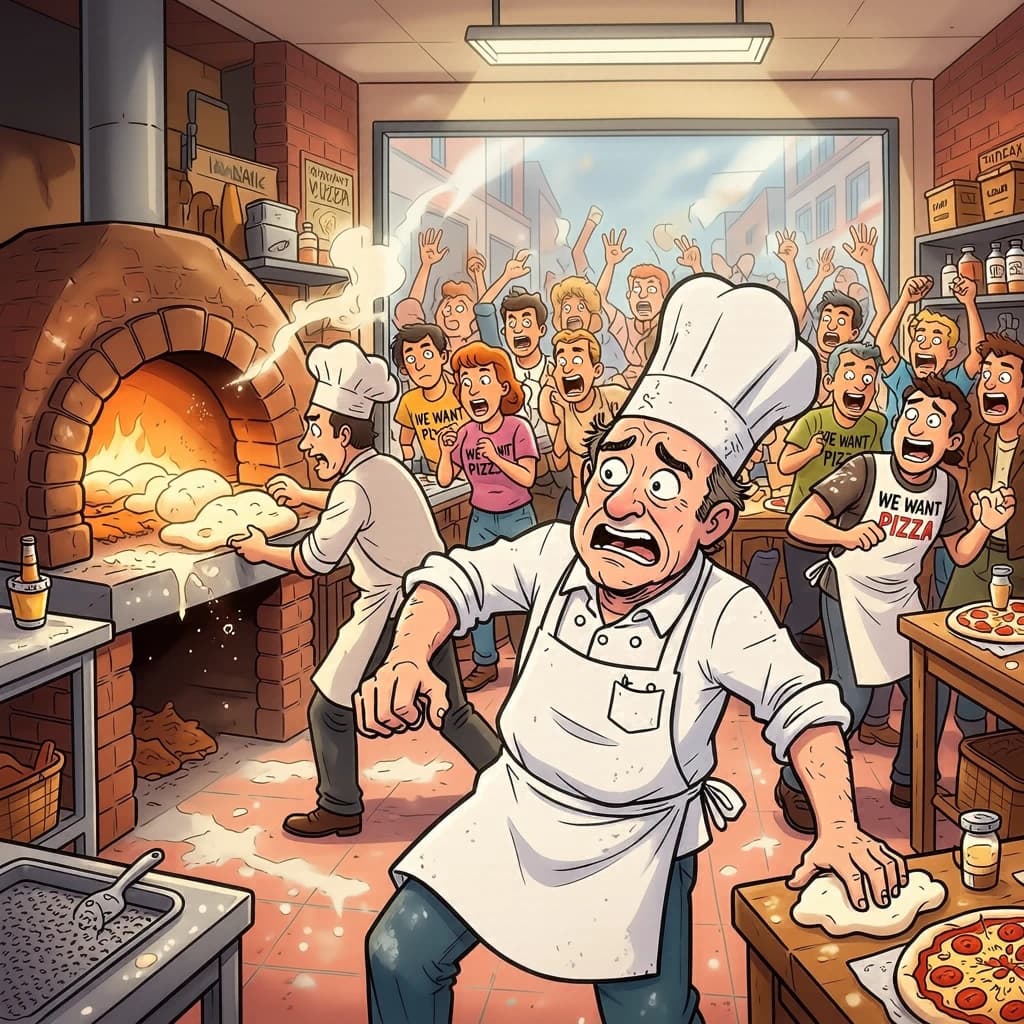 Pasquale is pulling his few remaining hairs out over a disaster at the pizzeria - the cooks are working as fast as they can but the crowds outside are swelling and they demand hot hot pizza! They are banging on the glass and some are wearing "we want pizza" shirts. 1980s western TV animation style.