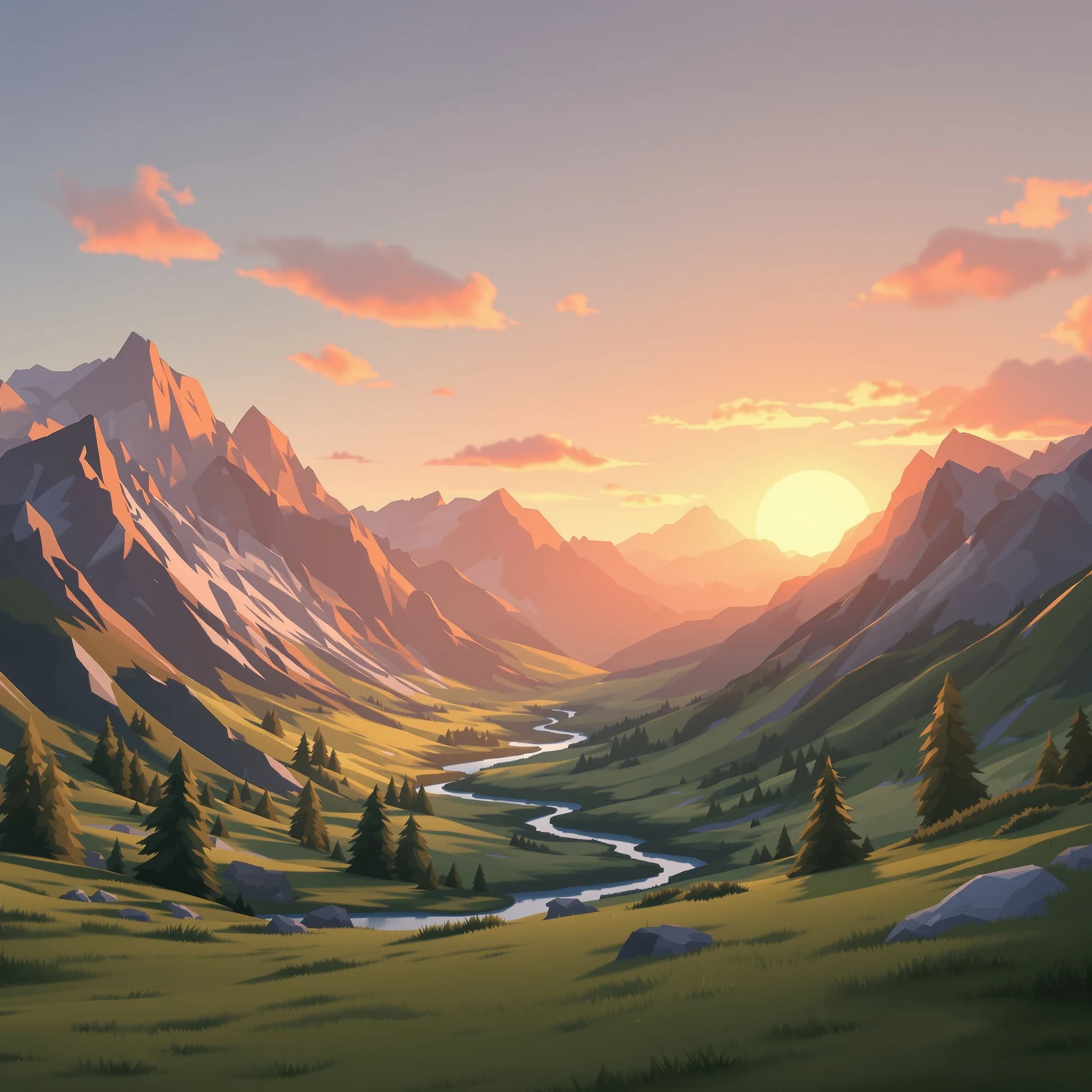 Render a low-poly alpine valley at sunset, clean gradients, long shadows.
