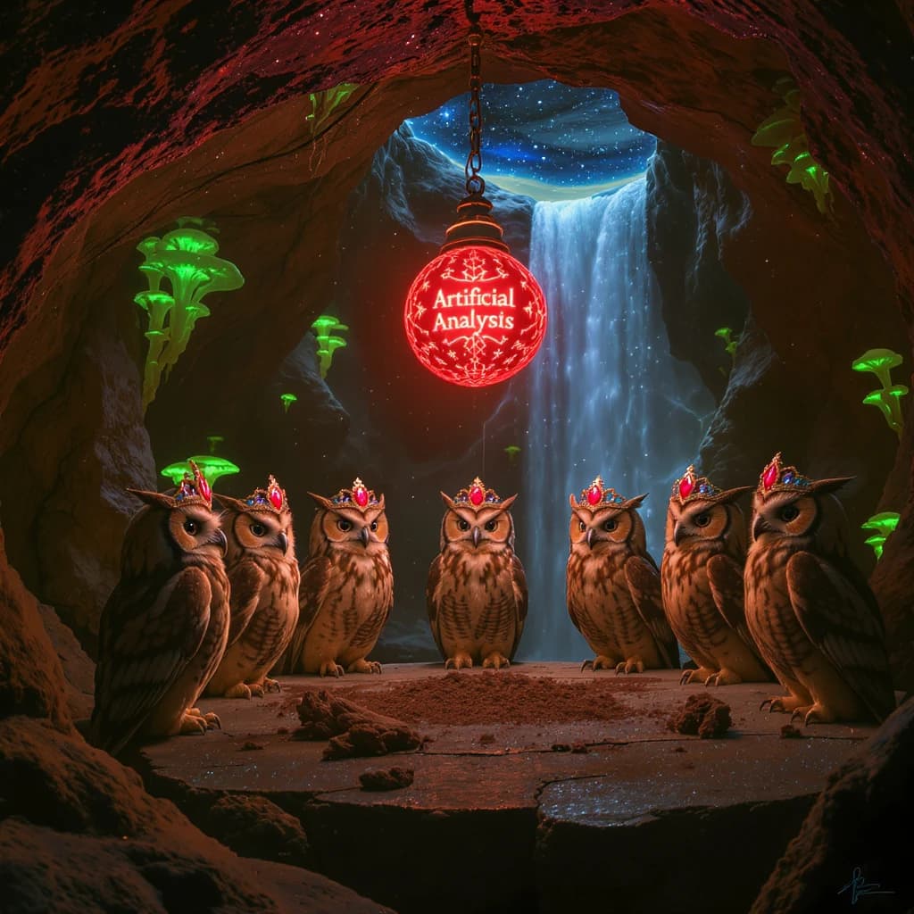 In a cavern lined with bioluminescent fungi glowing lime green, the council of owls wear jeweled crowns that glimmer with rubies, their wings folded behind their backs. Dust coats the stone table, a glowing orb inscribed with “Artificial Analysis” hovers above the table illuminating the owls with its red pulsating light. Behind them, a waterfall falls upward into a ceiling that opens onto stars - a child looks down in wonder from above at what he has stumbled across.