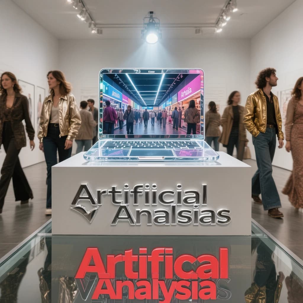 In a spotless gallery space, a pedestal supports a transparent laptop whose screen flickers between static and pristine brand imagery. Shoppers blur past in designer clothes that appear slightly outdated - bell bottoms, metallic jackets. The embossed logo “Artificial Analysis” glints silver, yet its reflection in the glass floor reads in crimson letters. A single spotlight shines, though shadows fall in two directions.