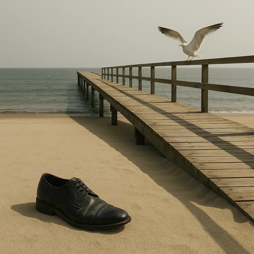 The beach is flat, sand beige, granular, no shells, except for a single left shoe, black leather, size eleven, half buried at an angle. The pier extends straight into the water, wood untreated, grain visible, though the support posts vanish before they touch the surface. The sky is uniformly gray, no clouds, yet shadows stretch at sharp diagonals. A single gull sits on the railing, wings outstretched, frozen mid-flap, no movement.
