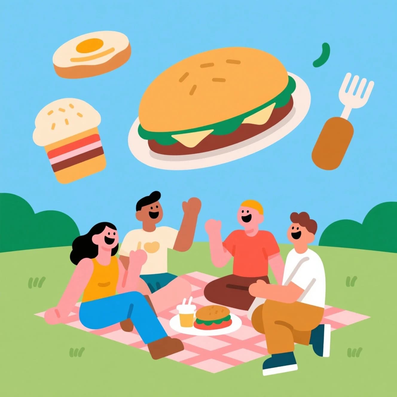 Flat vector picnic scene, friends laughing, oversized food icons, simple shapes.