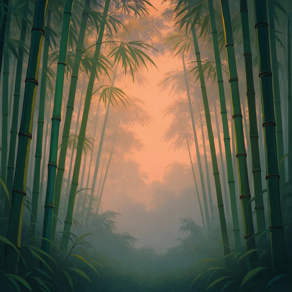 Give me a misty bamboo forest at sunrise, bold outlines, slightly cel-shaded.
