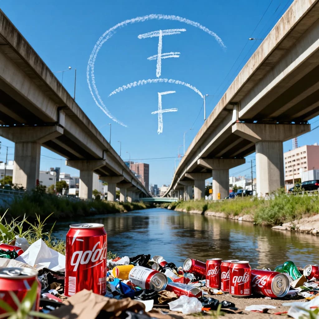 Red soda cans and other garbage sit strewn across the bank of an urban river only a few metres wide. Concrete overpasses criss cross overhead on a bright and sunny day. Fading skywriting proposes marriage