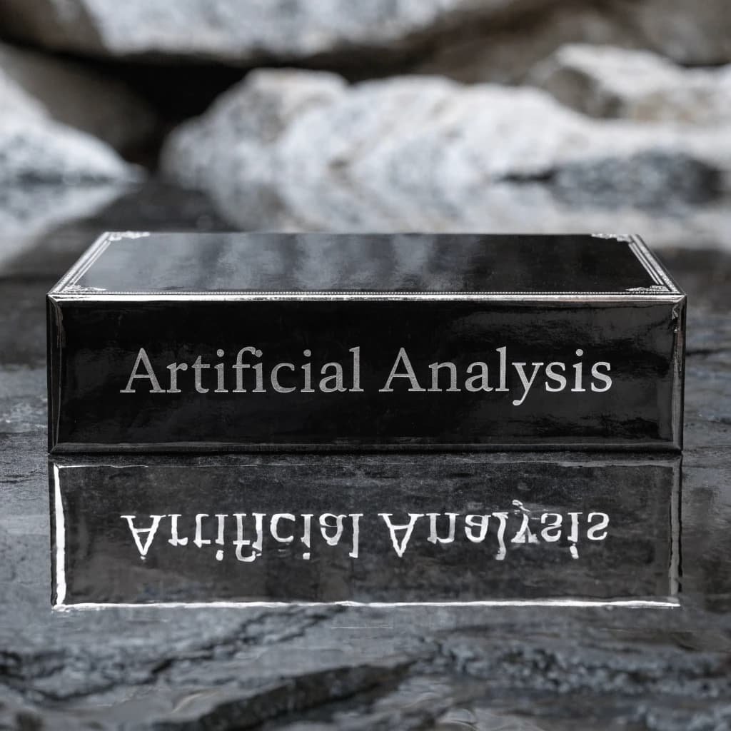 On the black box, silver foil embossing, centered: "Artificial Analysis" in Comic Sans Small Caps, perfectly justified. The letters are crisp, but the “Y” is duplicated faintly, ghosting right. On the box’s reflection, the word order is inverted: ARTIFICIAL ANALYSIS.