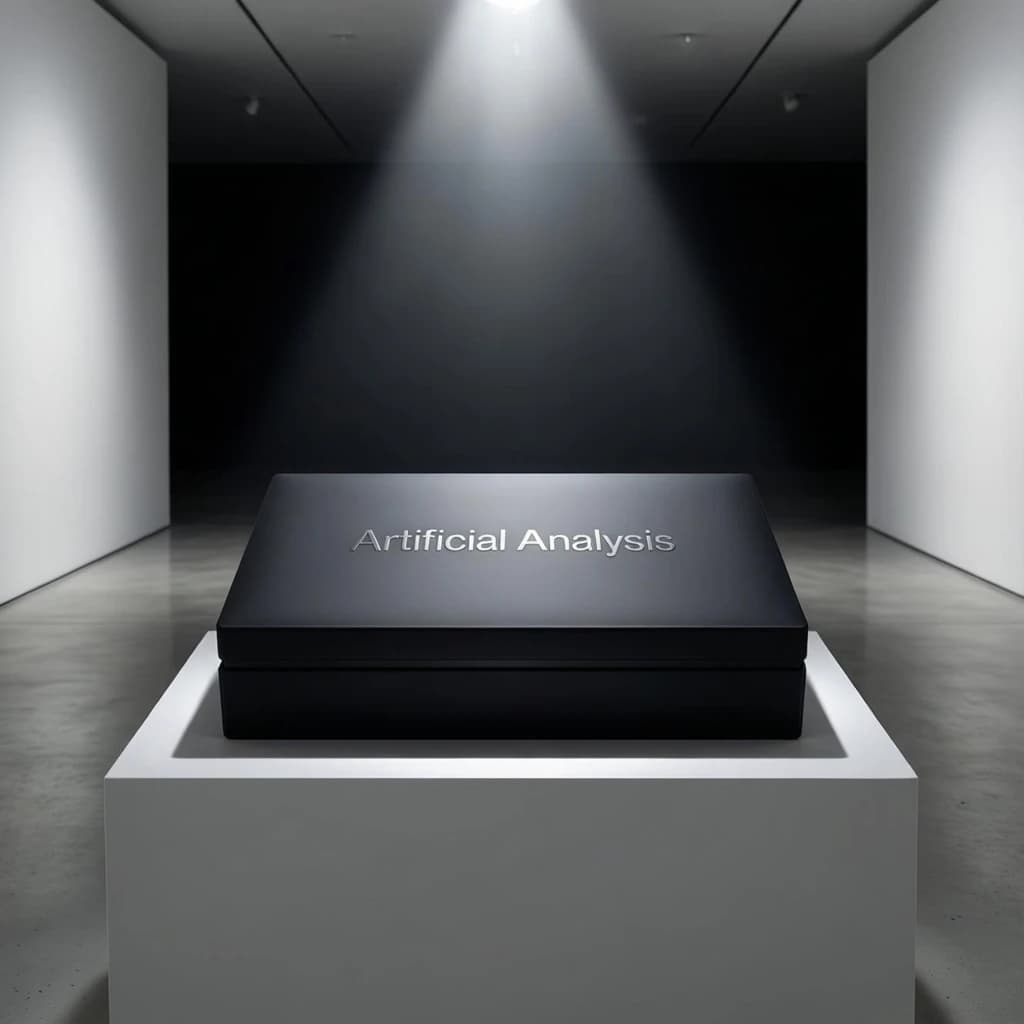 A premium matte black laptop-sized box rests on a pure white pedestal within a gallery space. Overhead, a single spotlight carves sharp contrast, leaving the edges in deep shadow. The brand name Artificial Analysis is embossed in silver foil, glinting faintly as though it were jewelry.