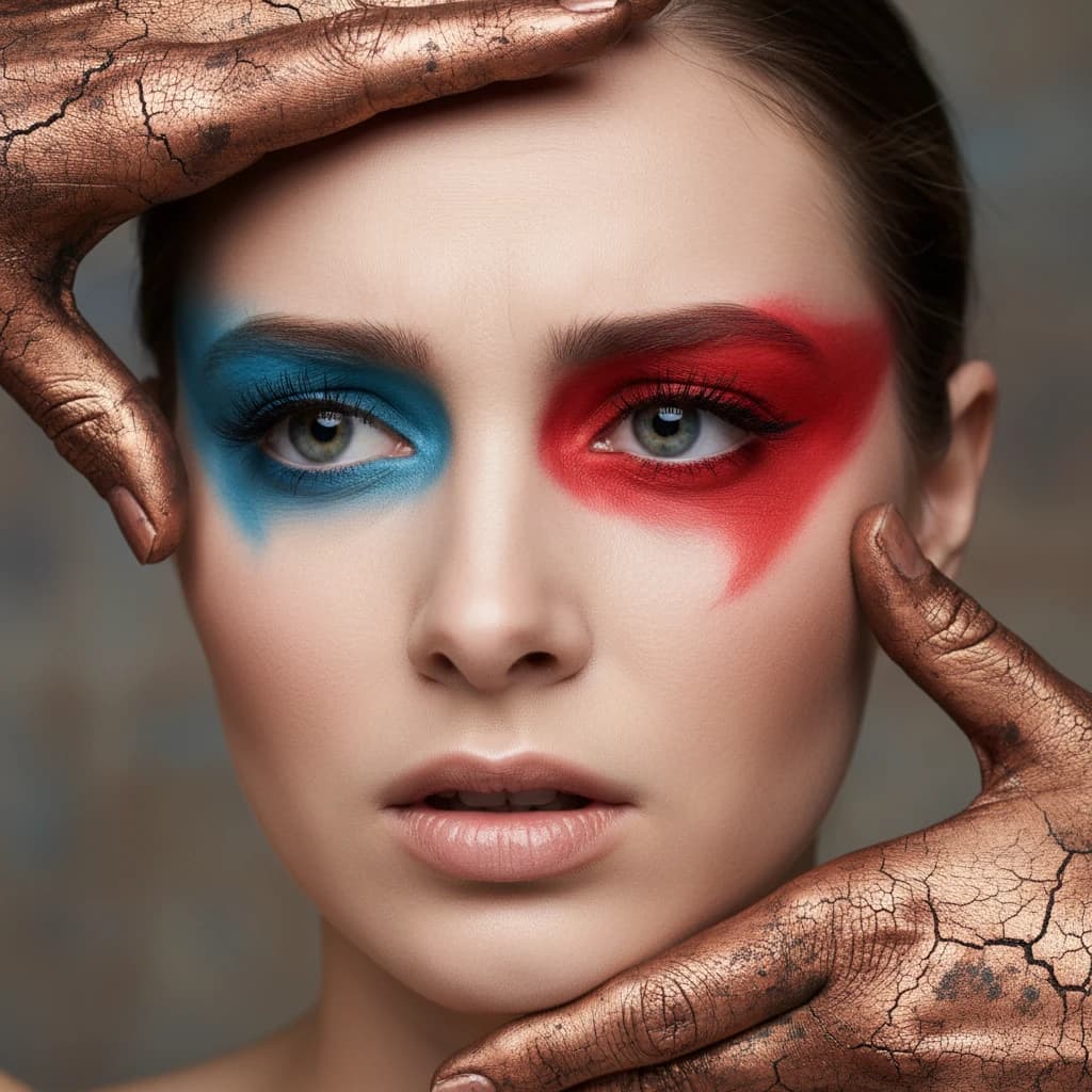 A striking close-up portrait of a woman with cracked metallic copper-painted hands framing her face. Her vivid blue and red eye makeup contrasts sharply with the smooth, pale skin and muted background, creating a bold, surreal composition. She displays an air of uncertainty about her