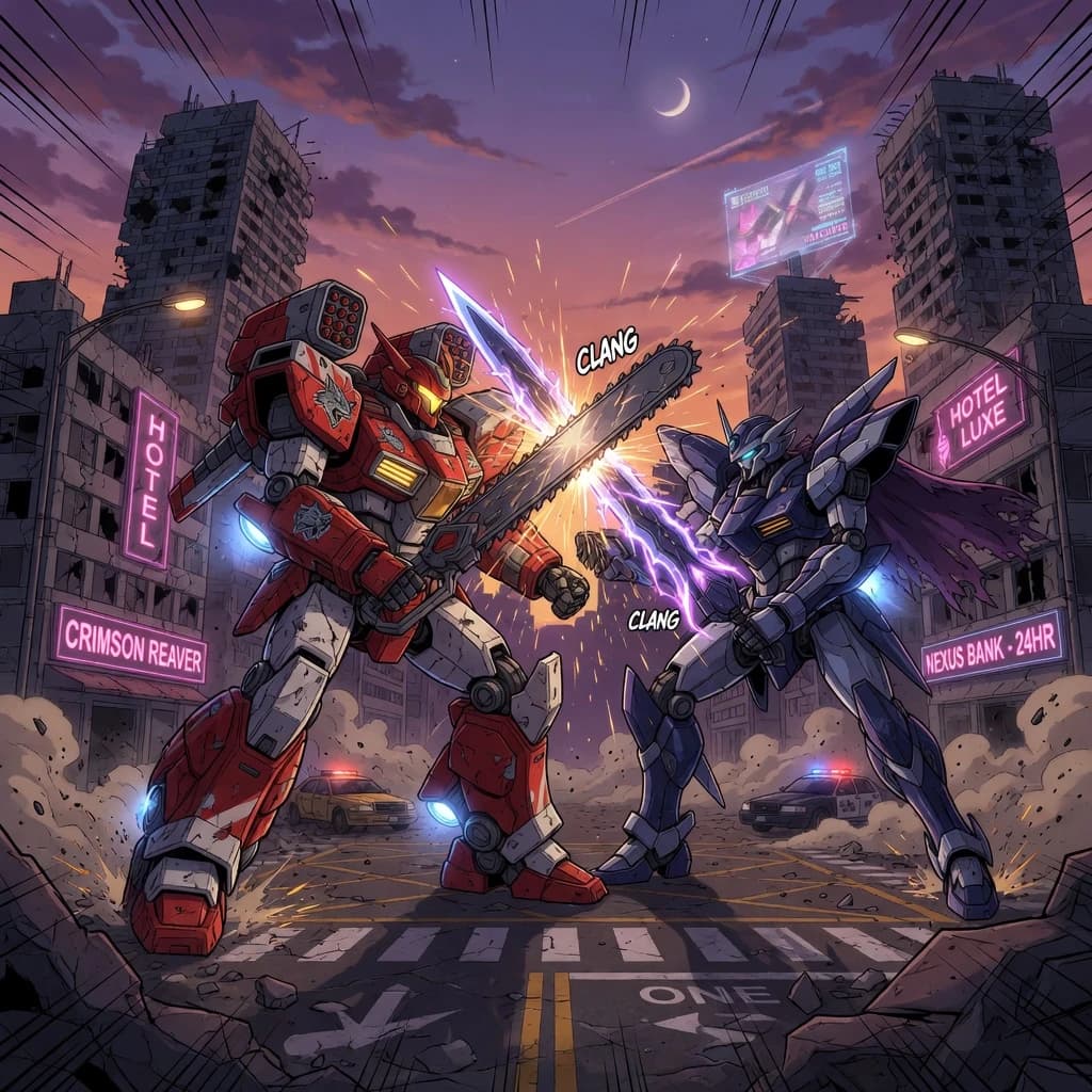 Make a cel-shaded mecha duel at dusk downtown.