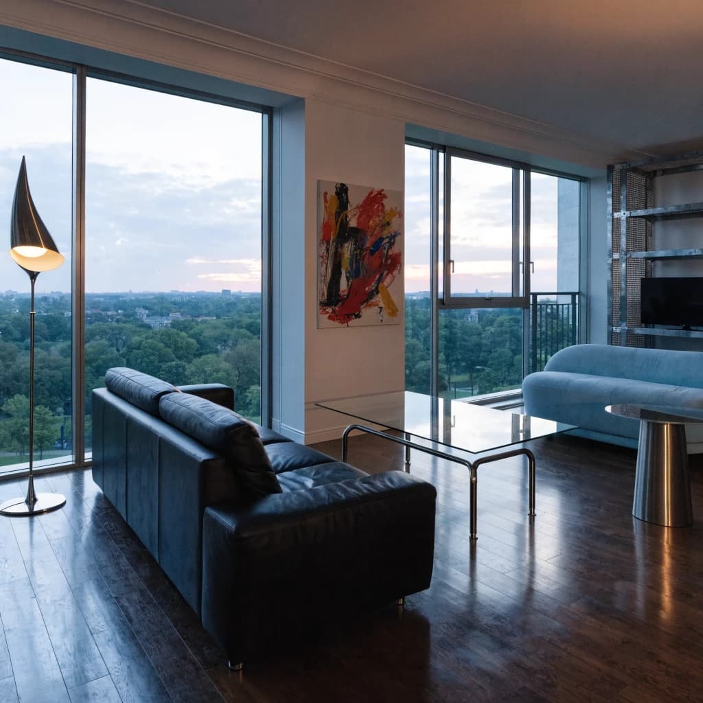 My apartment overlooks Central Park. It’s very luxurious, very expensive, and the furniture is minimal — a black leather couch, a glass coffee table with chrome legs, an Arne Jacobsen floor lamp. A big-screen television set rests on a steel shelving unit. A David Onica painting hangs above the couch. There’s a stainless steel and glass cocktail table. A powder-blue sofa. A thirty-inch digital TV.