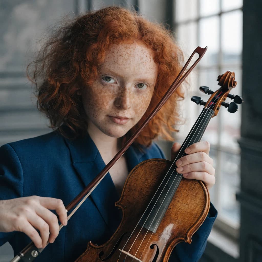 Capture a head-and-shoulders portrait of a freckled red-haired violinist in a navy blazer, soft window light, 85mm at f/1.8, gently smiling yet serious eyes, muted tones.