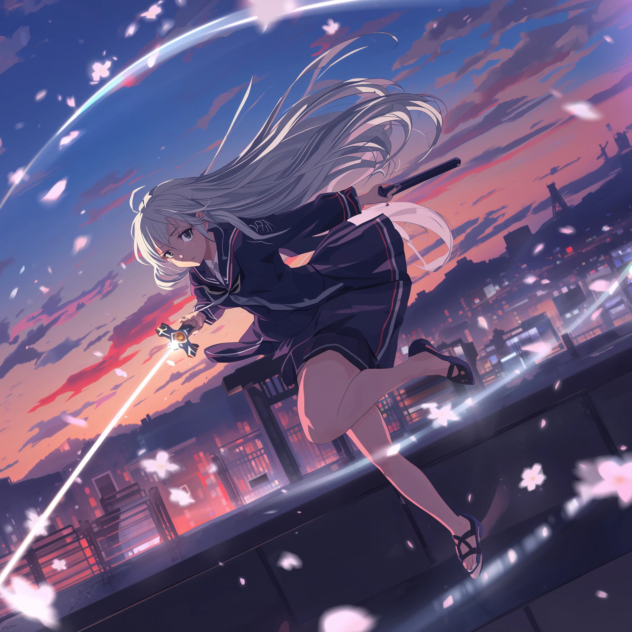 Wind-swept rooftop at dusk, a silver-haired swordswoman in a navy school uniform leaps, luminous eyes, cel shading, cherry blossoms swirl, neon city, dynamic angle, speed lines.