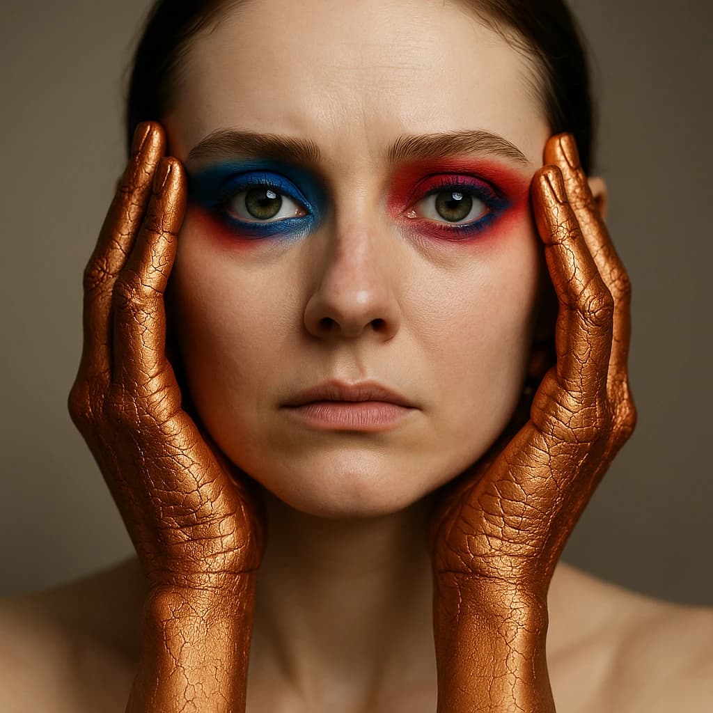 A striking close-up portrait of a woman with cracked metallic copper-painted hands framing her face. Her vivid blue and red eye makeup contrasts sharply with the smooth, pale skin and muted background, creating a bold, surreal composition. She displays an air of uncertainty about her