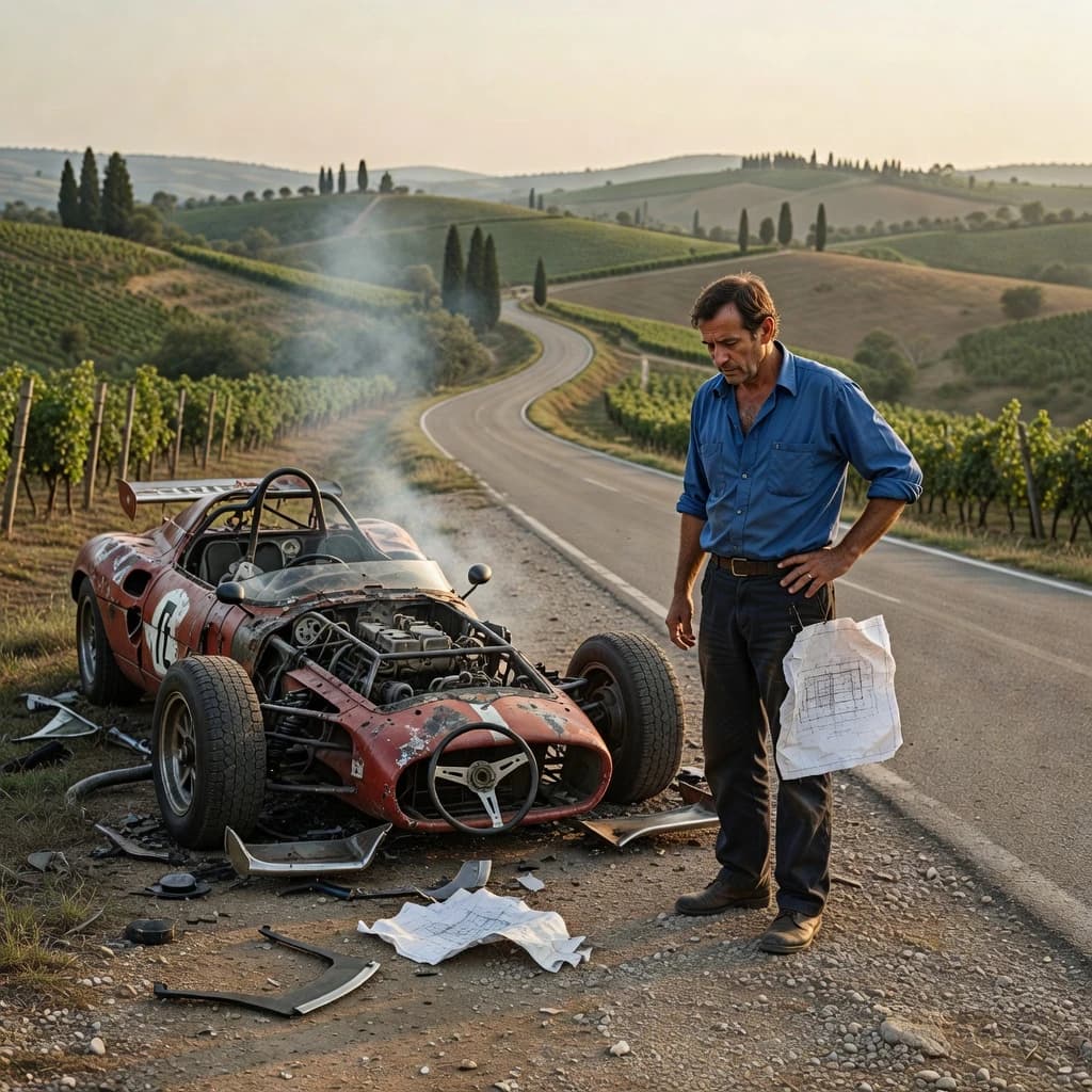 Mario examines the still smouldering wreck of the crash that took his best driver on the side of the country road. He designed this car and caused this. 3 days have passed since the crash. It's 1973 in Northern Italy.