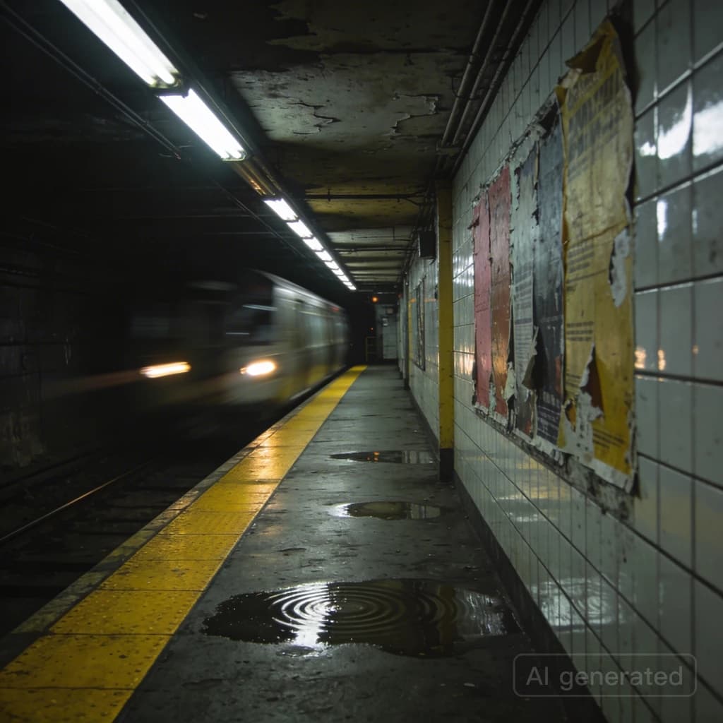 A subterranean subway platform with glossy tiles, peeling posters, flickering fluorescent lights, yellow safety line, and a distant train coming; slightly damp, echoes carry.