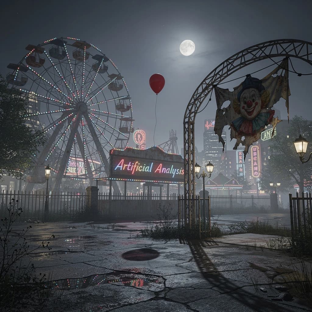 A deserted amusement park glows faintly under a half-moon. The ferris wheel is rusting yet strung with fresh, blinking LED lights. A torn clown banner flaps in a windless air. A lone balloon floats upward, tethered to nothing, while in the far distance city lights flicker on - some neon, some gas lamps as though from another century. 'Artificial Analysis' glows in neon