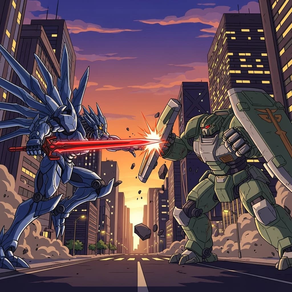 Make a cel-shaded mecha duel at dusk downtown.