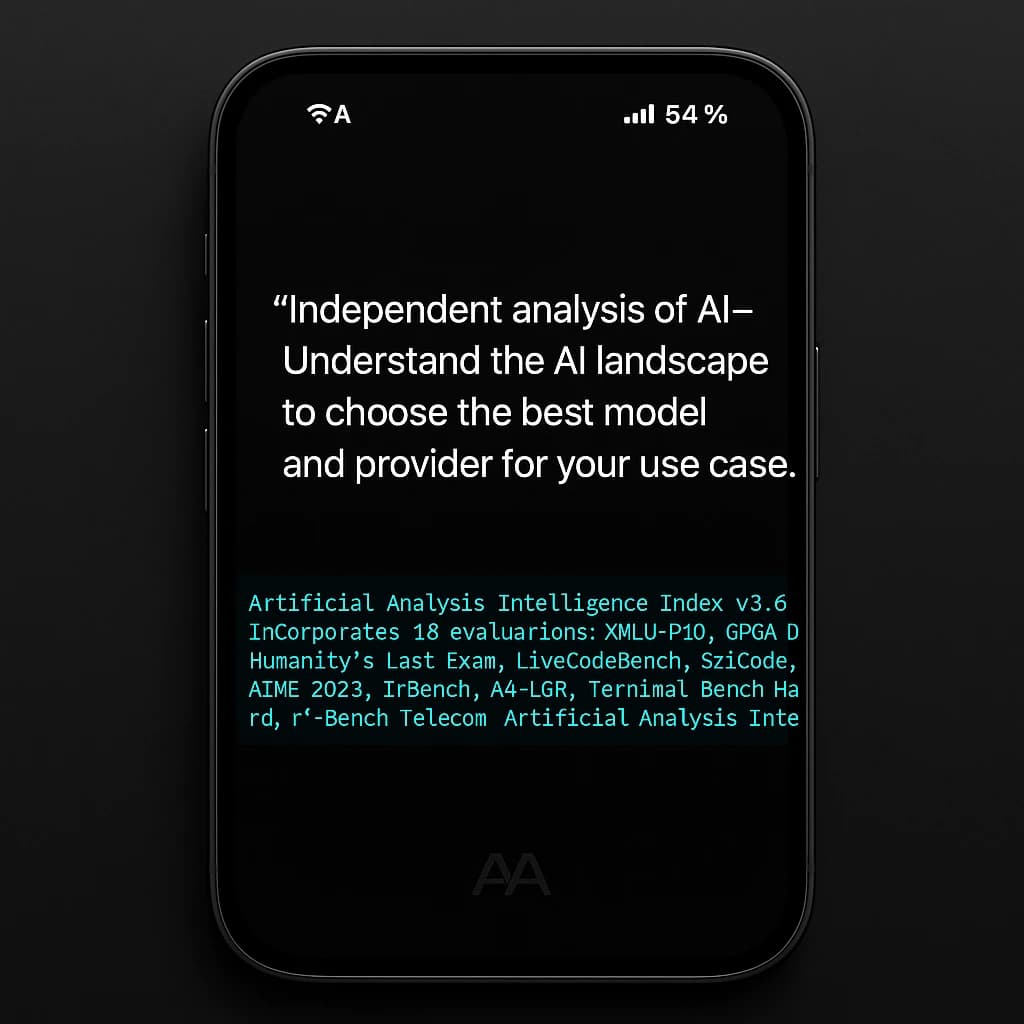 On a black smartphone UI with rounded corners, display a centered text block in white San Francisco font, 16pt: “Independent analysis of AI - Understand the AI landscape to choose the best model and provider for your use case.” Below, in neon cyan, monospace font, smaller size: “Artificial Analysis Intelligence Index v3.0 incorporates 10 evaluations: MMLU-Pro, GPQA Diamond, Humanity's Last Exam, LiveCodeBench, SciCode, AIME 2025, IFBench, AA-LCR, Terminal-Bench Hard, 𝜏²-Bench Telecom.” The second block scrolls horizontally as a ticker. The battery icon in the status bar shows 54%. The Artificial Analysis logo appears faintly, embossed into the bottom navigation bar.
