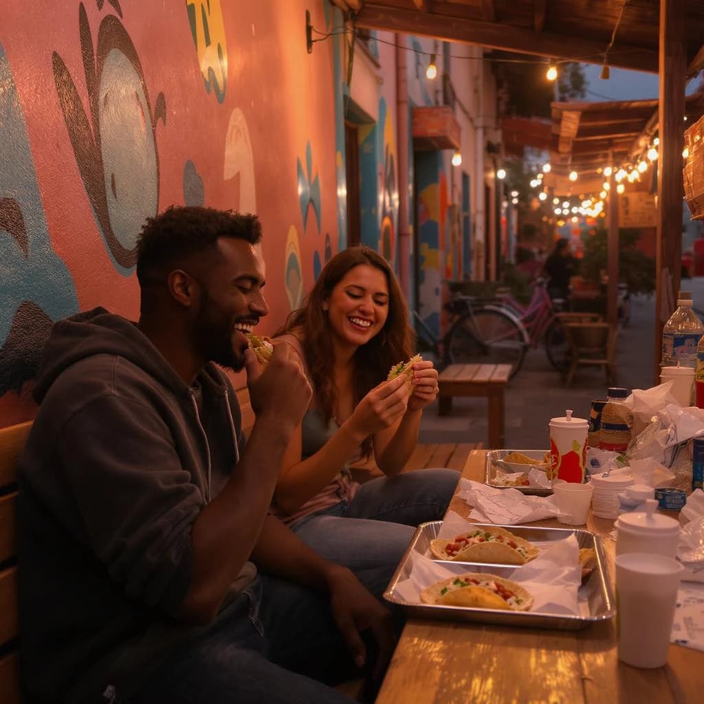 Friends laugh over street tacos at dusk, candid, shallow depth.