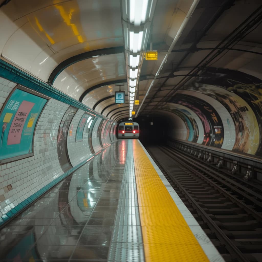 A subterranean subway platform with glossy tiles, peeling posters, flickering fluorescent lights, yellow safety line, and a distant train coming; slightly damp, echoes carry.