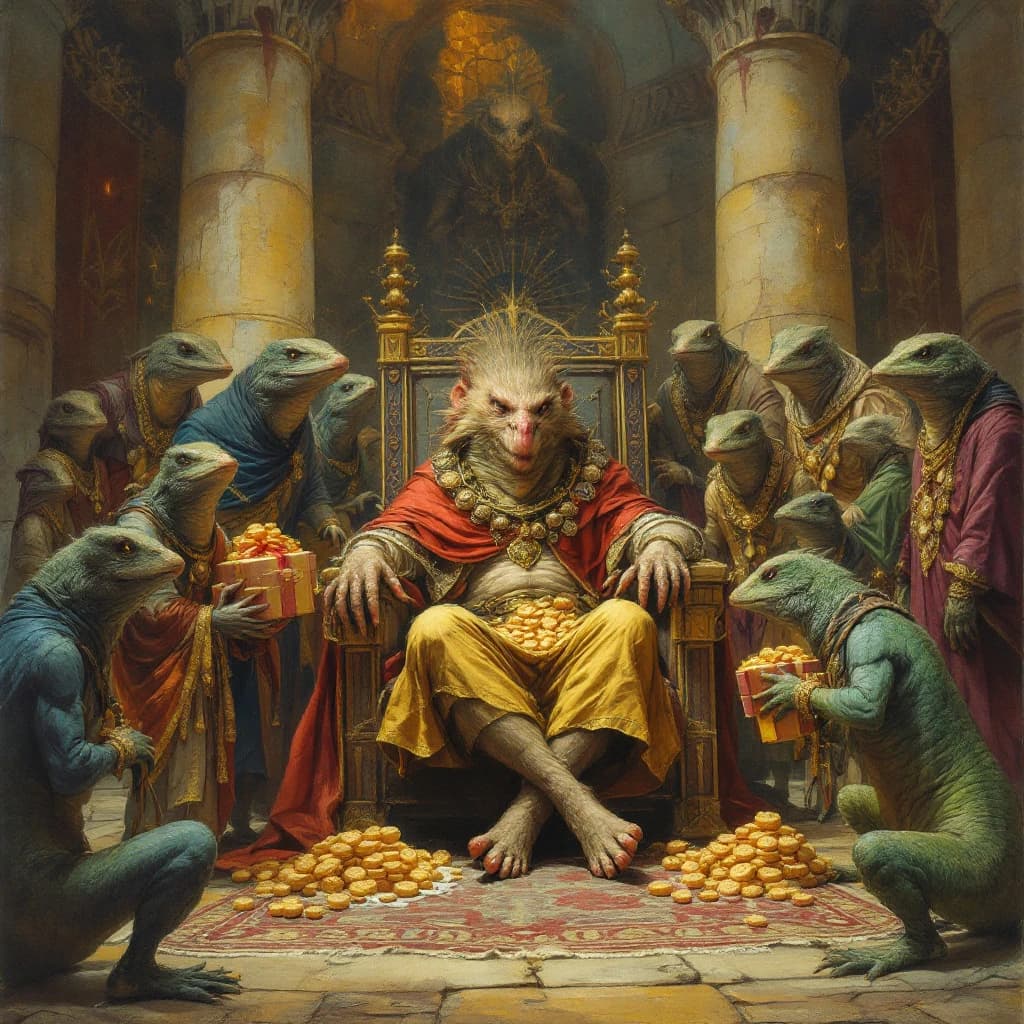 Big Weasel, the tyrannical ruler of the Levitus, slouches on his throne, his mood foul but somewhat brightened by the sight of gifts - a wearisome group of lizard traders adorned in fine silks proceed toward him through the hall with their annual tribute of biscuits, ham and gold - Big Weasel's favourites. Big Weasel's entourage looks on with stern approval.