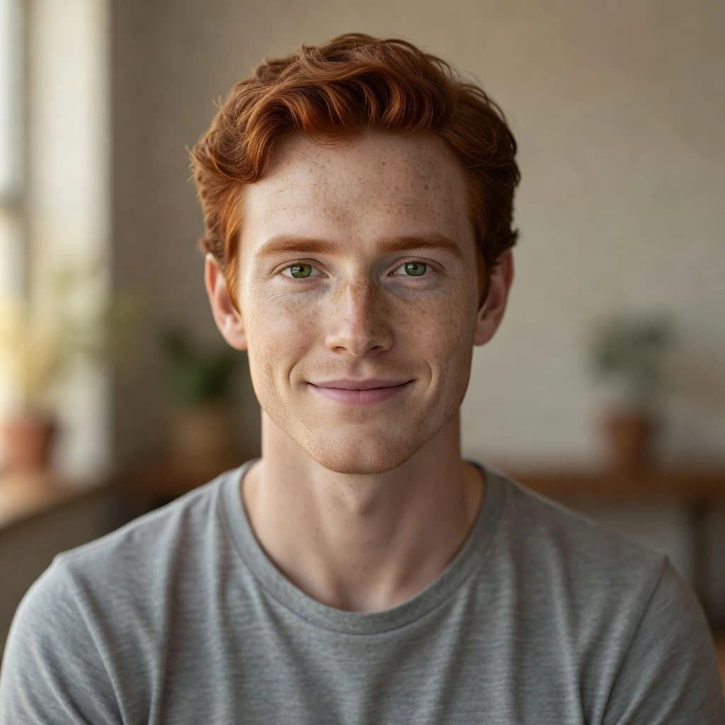 Shoot a natural light headshot of a red-haired man with freckles, green eyes.