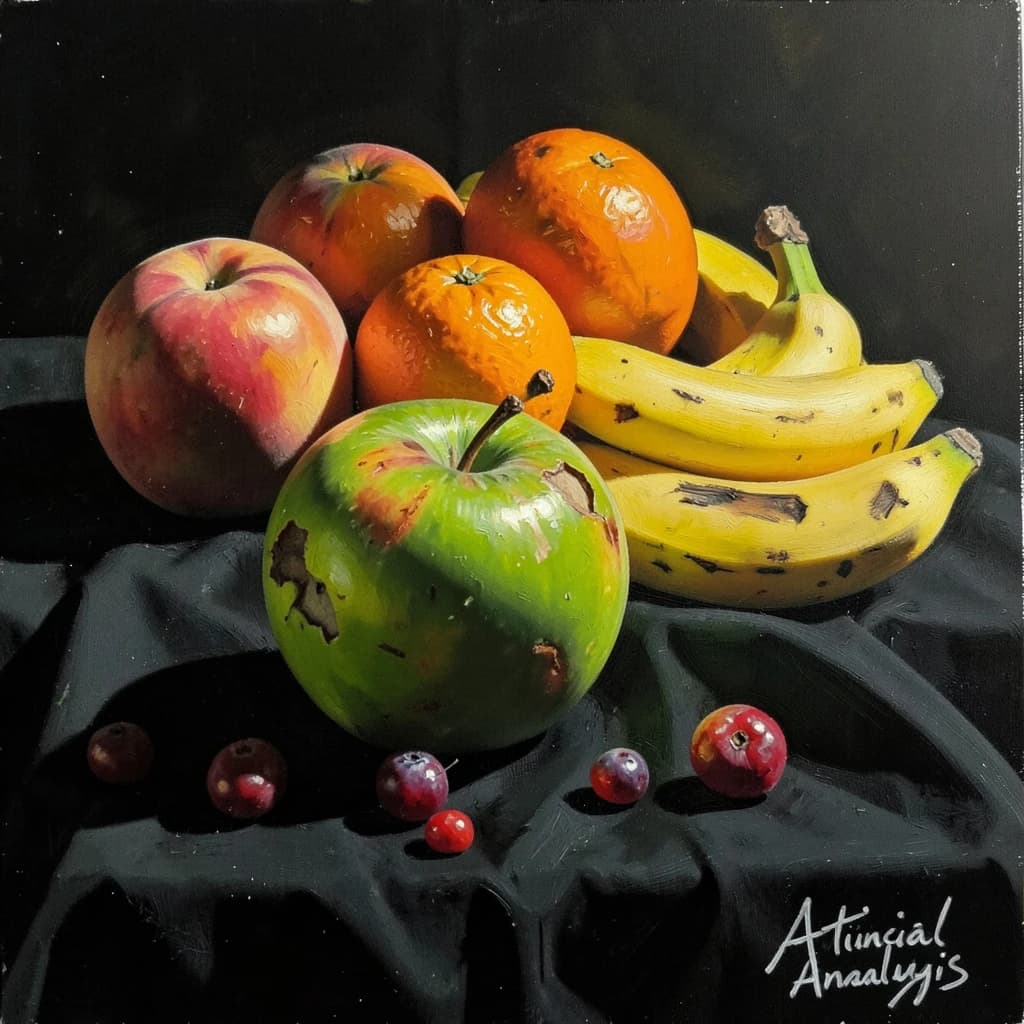A still life scene painted oil on canvas, comprising various fruits on a black table cloth with striking lighting coming from the right out of frame, creating strong shadows. A bruised green apple is in the foreground, a peach behind it, and behind that a melange of oranges and bananas in various states of ripeness. Berries are strewn in front of the apple. The artist has signed his name "Artificial Analysis" in the bottom right corner in a hurried fashion.
