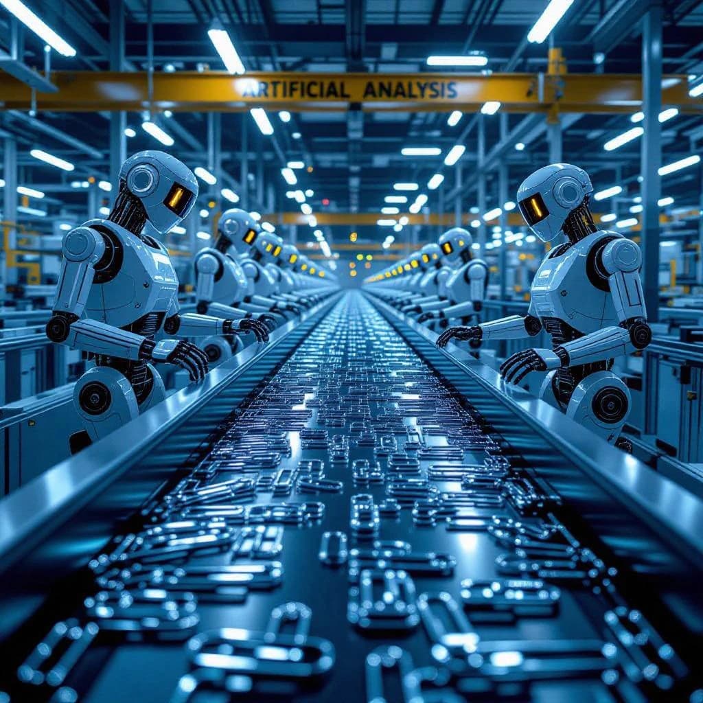 Close up point of view perspective on a conveyor belt pumping out paperclips at a maddening pace. The high tech factory has Artificial Analysis printed proudly on the wall. Robot staff look approvingly over the robust output.