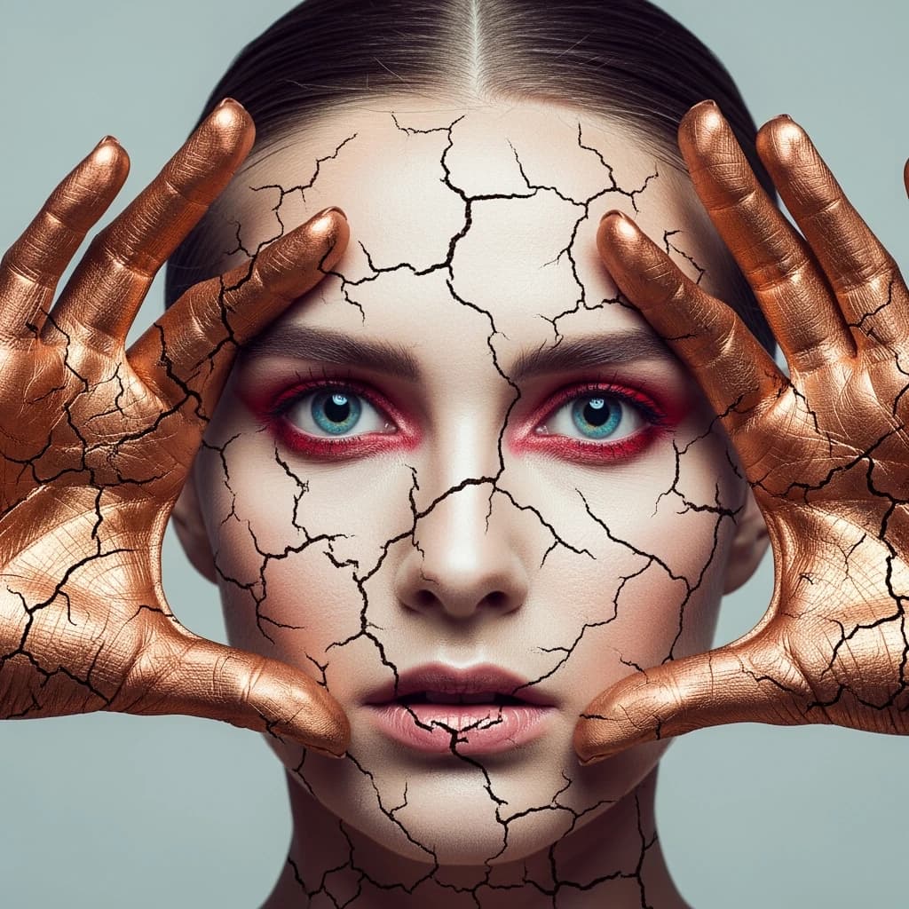 A striking close-up portrait of a woman with cracked metallic copper-painted hands framing her face. Her vivid blue and red eye makeup contrasts sharply with the smooth, pale skin and muted background, creating a bold, surreal composition. She displays an air of uncertainty about her