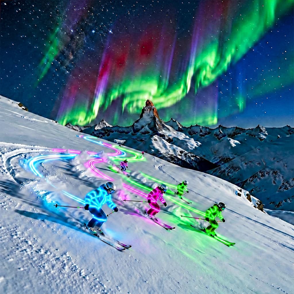 Coronet Peak Night Skiing: Skiers in colorful LED suits carve their way down the slopes of New Zealand's Coronet Peak under the Aurora Borealis, the skiers' light trails visible behind them