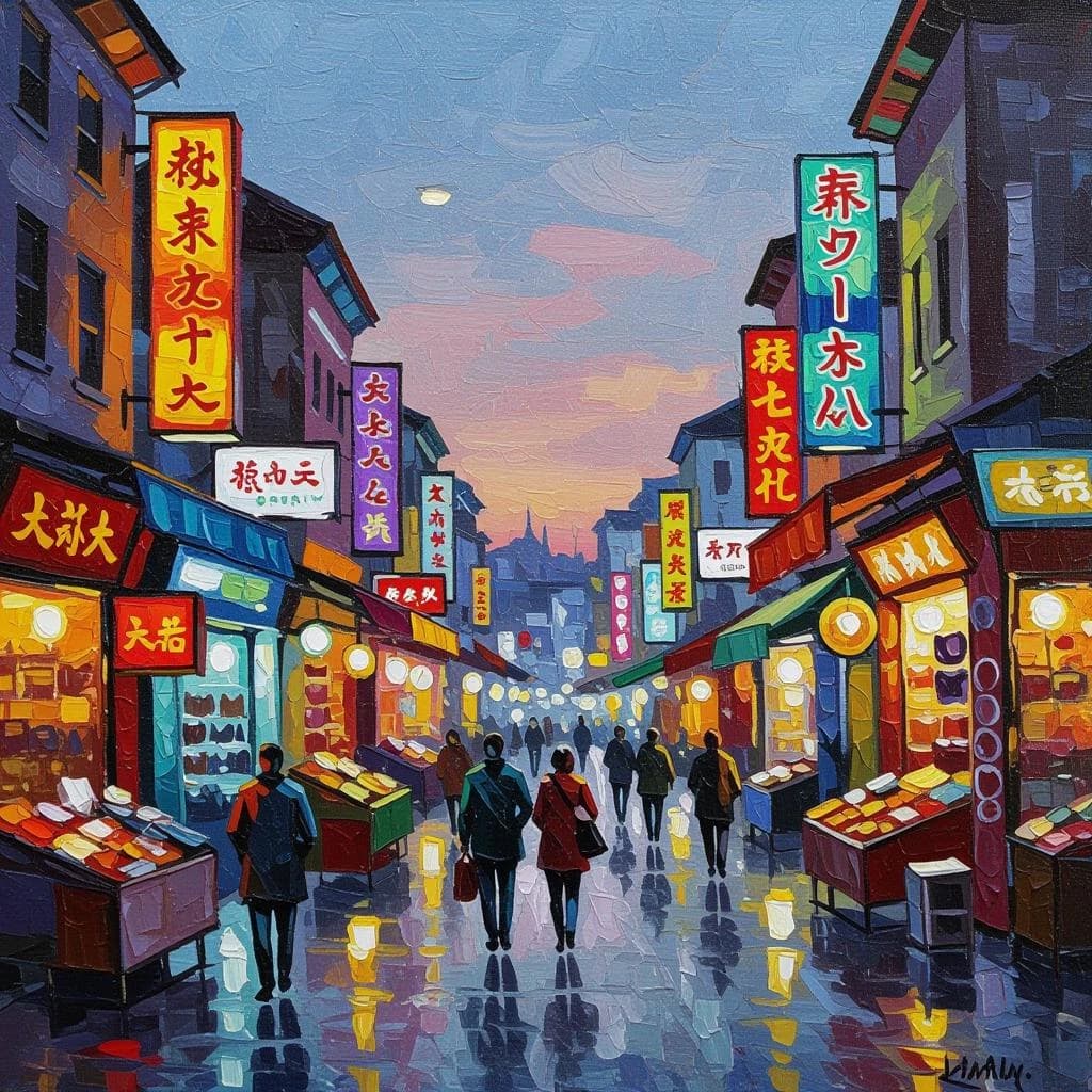 I want an oil painting of a busy market street with gaudy shop signs at dusk.