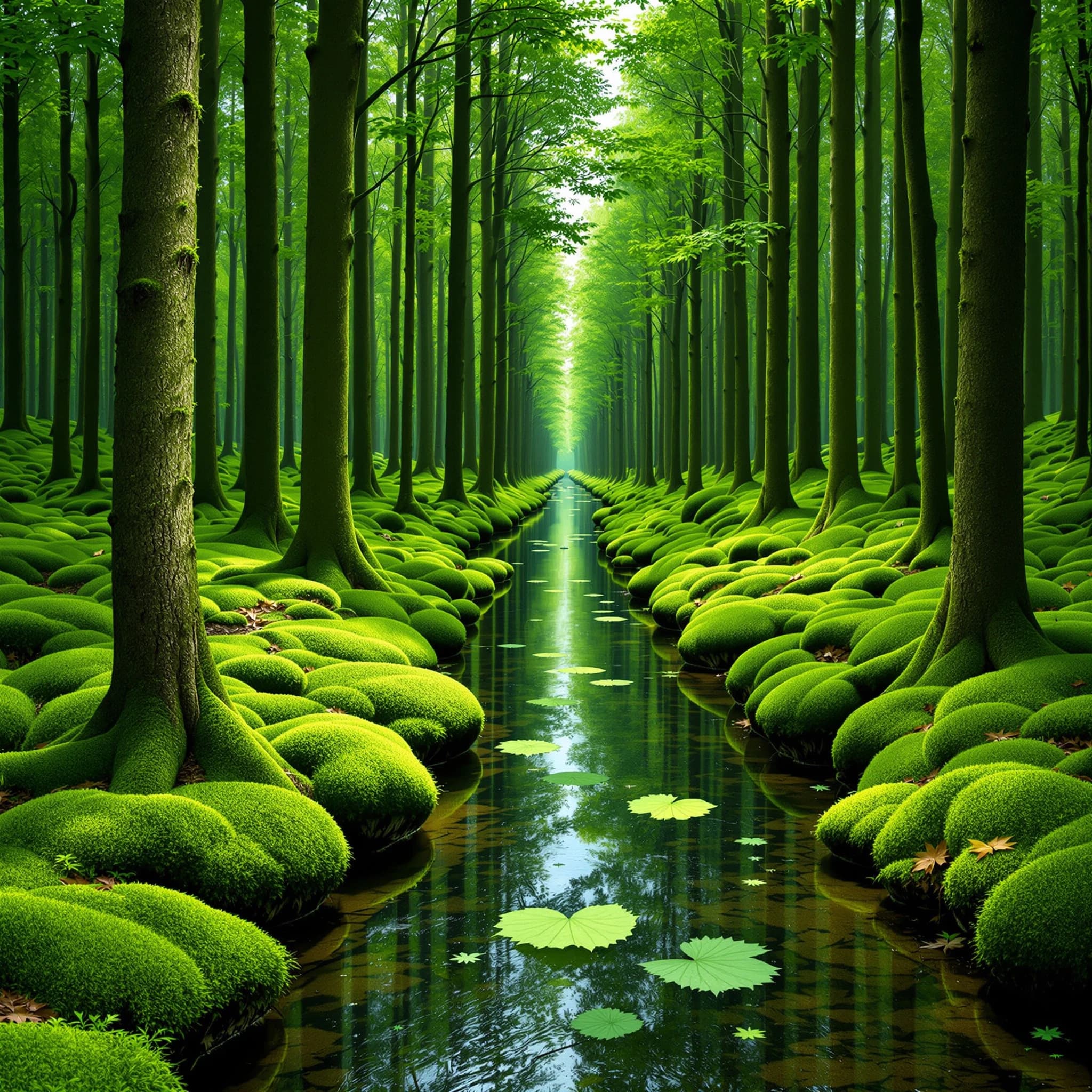 The forest is saturated green, trees identical in height and width, trunks straight, bark texture repeating. One trunk leans diagonally yet the branches remain vertical. The moss is emerald, glistening, though each patch forms identical diamond shapes. A stream runs straight, perfectly linear, water clear, reflecting clouds not visible in the sky. No animals, no insects, but one leaf floats on the water, doubled, showing two overlapping shadows.