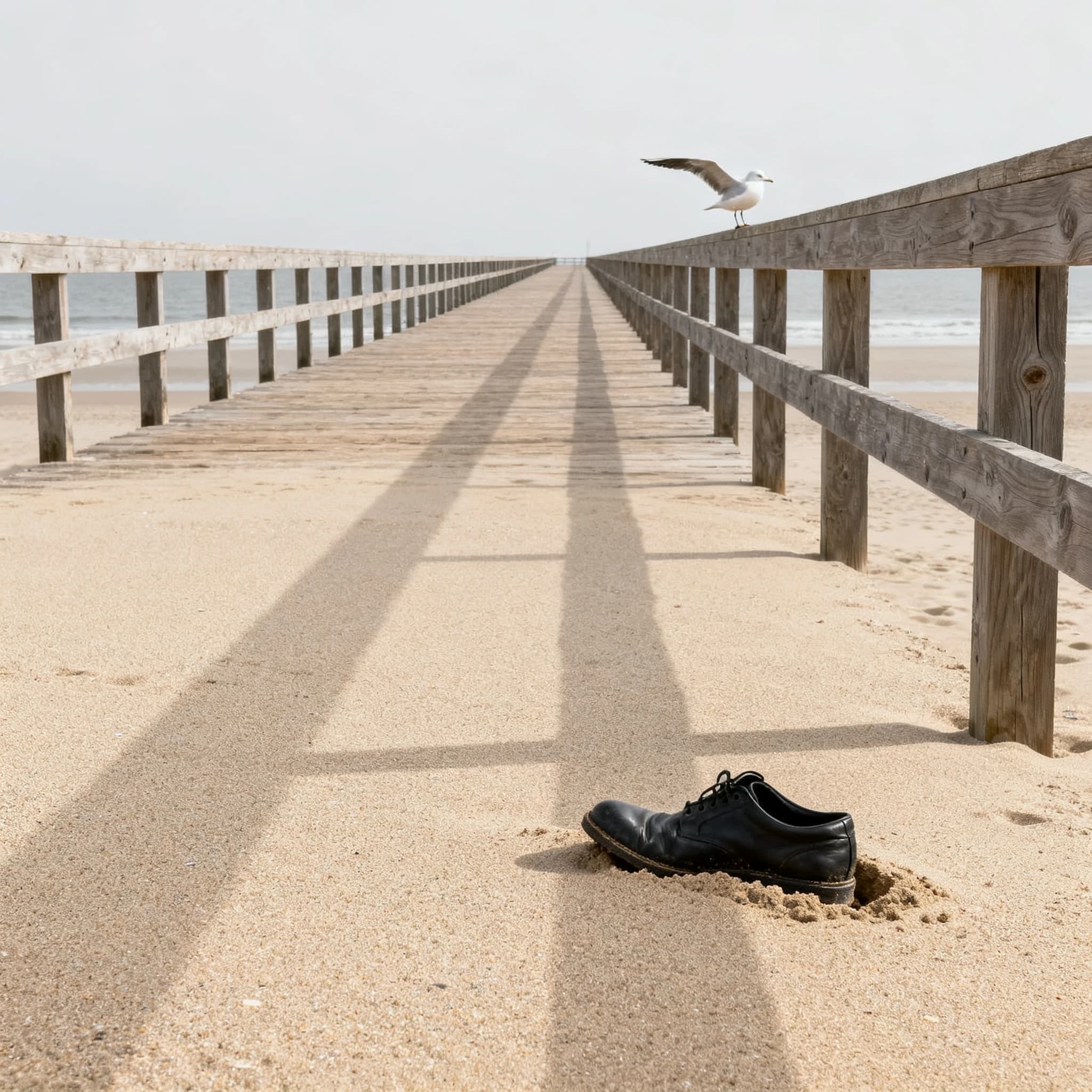The beach is flat, sand beige, granular, no shells, except for a single left shoe, black leather, size eleven, half buried at an angle. The pier extends straight into the water, wood untreated, grain visible, though the support posts vanish before they touch the surface. The sky is uniformly gray, no clouds, yet shadows stretch at sharp diagonals. A single gull sits on the railing, wings outstretched, frozen mid-flap, no movement.