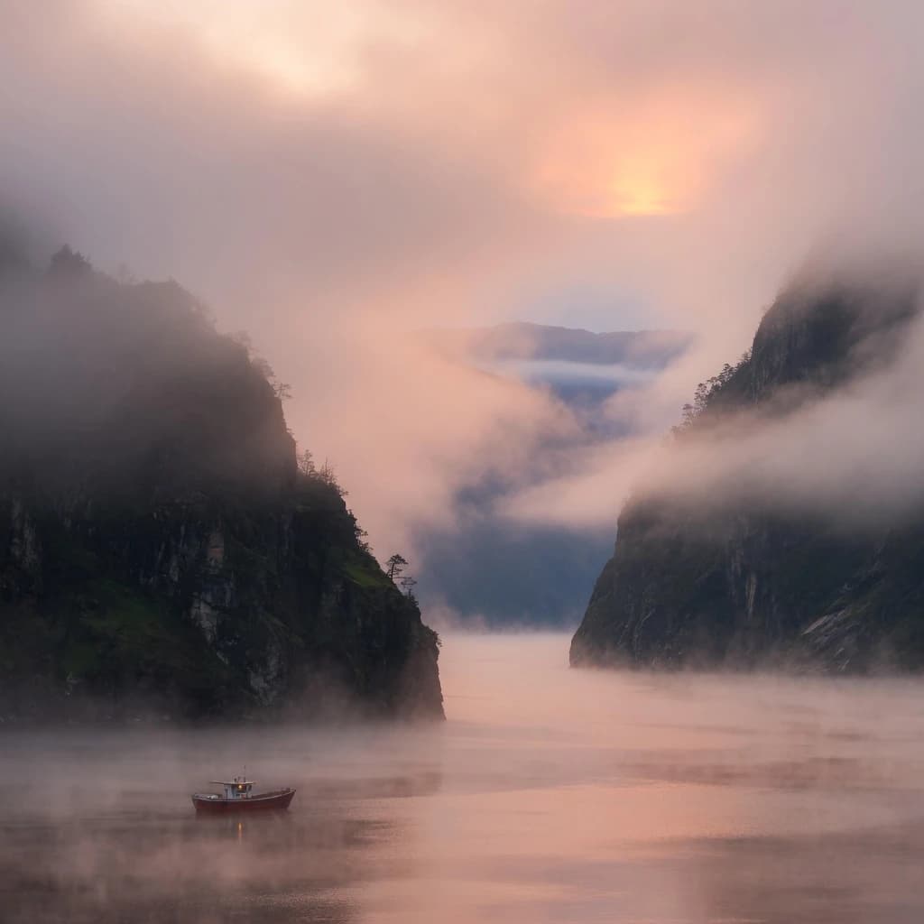 Frame a foggy fjord at sunrise, cliffs looming.