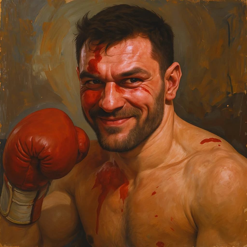 Paint a bruised boxer smiling, serious expression.